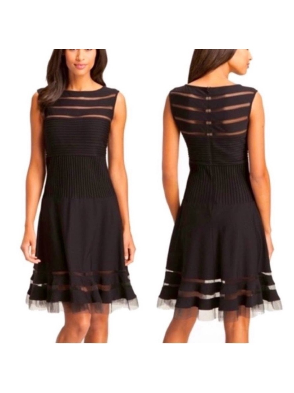 TADASHI SHOJI Black Illusion Mesh Striped Dress